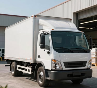 A clean, white box truck being professionally loaded at a modern North American distribution warehouse during a bright morning, emphasizing logistics efficiency.