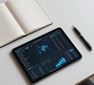 A top-down view of a minimalist workspace in a global financial hub. A sleek tablet displays a complex analytical dashboard with subtle blue accents, next to a high-end notebook and a pen. The aesthetic is clean, professional, and sophisticated.