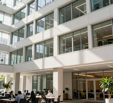 A wide-angle photography shot of a bright, modern corporate building interior in Bothell, Washington, featuring clean lines and a feeling of stability and growth. North American / US office setting with professional attire and natural lighting.