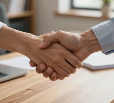 A professional close-up photograph of a handshake taking place over a clean wooden table in a bright North American home office, conveying trust and reliability, in soft natural lighting.