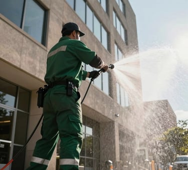 A low-angle shot of a professional worker pressure washing a commercial office building in a North American / US business district, water mist catching the morning sunlight, matte forest green accents on the worker's uniform.