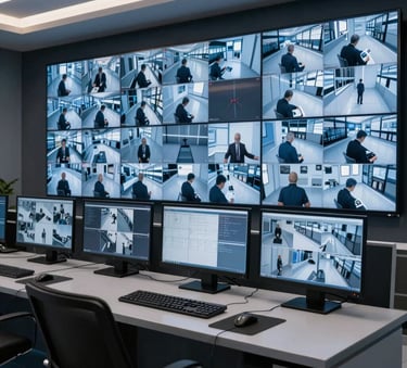 High-tech security control room with multiple high-definition monitors showing live surveillance feeds, featuring a clean blue and dark palette, modern workstation aesthetics.