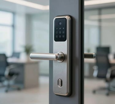 A close-up photograph of a sophisticated electronic door lock and sleek metal handle on a glass door in a modern North American office building. The lighting is bright and clean with accents of light grey and dark blue grey.