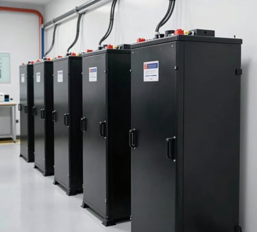 A row of sleek, black industrial lithium battery banks installed against a white wall in a clean South American industrial facility, well-organized cabling, high-key lighting, professional engineering aesthetic.
