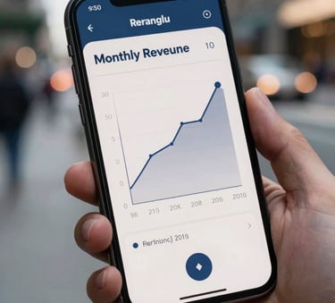 A close-up photograph of a smartphone screen displaying a sleek digital dashboard with a monthly revenue graph. The phone is held by a hand in a North American / US urban setting, with blurred city lights in the background. The lighting is crisp and modern, featuring midnight blue and off-white accents.
