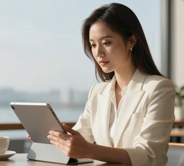 A stylish professional sitting in a modern North American / US cafe, using a tablet to organize their day, soft sky blue and off-white colors throughout the scene, energetic and convenient atmosphere, photography.