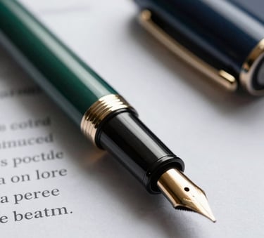 A close-up of a high-end fountain pen resting on a financial contract, soft natural lighting, with professional forest green and dark navy tones in the blurred background.