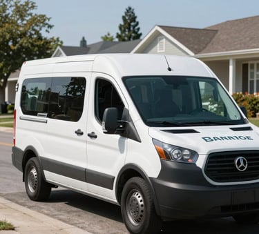 A branded mobile glass repair service van parked on a clean North American suburban street during a bright, clear day, professional and reliable atmosphere.