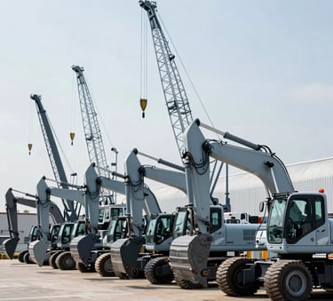 A wide shot of a neatly organized row of heavy construction machinery, including cranes and backhoes, at a dealership in the North American region. Sharp focus, daylight, clean and professional composition with light blue-grey tones.