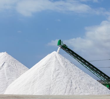 A conveyor belt stacking large piles of white industrial sea salt at a production facility.