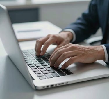 A close-up of a professional typing on a high-end laptop keyboard in a bright, modern office in Souillac, Lot, France, with a clean blue-gray and white desk setup.