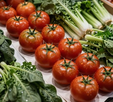 A sophisticated North American / European food market stall with organic heritage tomatoes and leafy greens displayed on crisp parchment paper. The lighting is warm and cinematic, highlighting the deep ripe crimson and matte forest green tones of the produce.