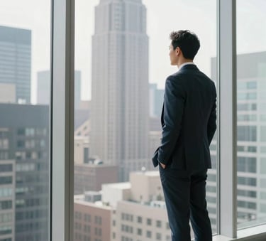 A professional in business casual attire standing in a contemporary urban high-rise office in a North American city, looking out a large window at a bright skyline. The lighting is crisp and optimistic, symbolizing opportunity and career advancement.