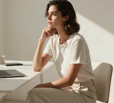A South American woman sitting in a sunlit, minimalist studio in Río Cuarto, Argentina. She is looking thoughtfully at a clean workspace with a serene expression. High-end, delicate photography with soft shadows and a professional, aesthetic atmosphere using cream and soft tones.