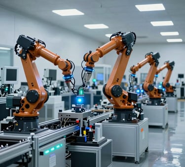 A wide-angle professional photograph of a clean, high-tech automated manufacturing floor in a Latin American / Spanish-speaking industrial park. The scene features multiple robotic arms working on a production line with glowing neon blue and cyan indicator lights. The environment is modern and sleek, with polished concrete floors reflecting the digital blue lighting.