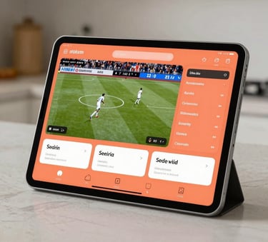 A close-up of a high-end tablet streaming live sports in a bright North American / US kitchen, featuring bright coral orange interface details and soft off-white cabinetry in the background, sharp focus, natural lighting.