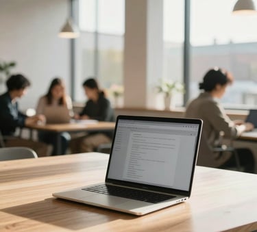 A bright and airy North American coworking space with large windows and minimalist decor. Professionals are visible in the background, out of focus, while a sleek laptop sits on a clean wooden table in the foreground. Sunlight streams through the scene, creating a productive and tech-forward mood.
