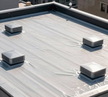 A high-angle professional architectural photograph of a clean, newly installed flat commercial roof on a Manhattan building, featuring modern waterproof membranes and industrial vents, bright daylight, North American / New York City.