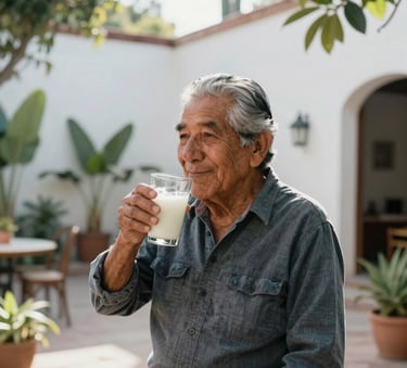A serene Latin American / Mexican senior person smiling while enjoying a glass of kefir in a bright, minimalist Jalisco courtyard, soft morning sunlight, surrounded by lush green plants.