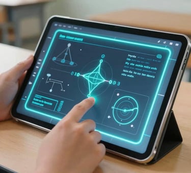 A close-up photograph of a student's hand using a sleek, transparent digital tablet displaying interactive physics models, illuminated by a vibrant electric cyan glow in a modern North American classroom.