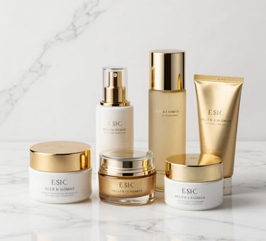 High-end health and beauty products in elegant gold and white packaging arranged on a clean white marble surface, bright soft studio lighting, professional photography.