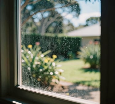 A close-up photograph of a sparkling clean window reflecting a bright, sunny Australian garden, showing meticulous detail and clarity.