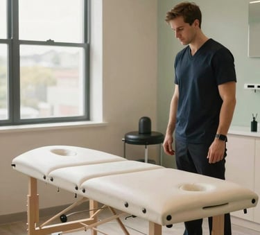 A high-end chiropractor's treatment room featuring a modern adjustment table. The room has Soft Sand walls and Sage Green accents, with natural light pouring through a window, reflecting a professional and trustworthy healthcare environment.