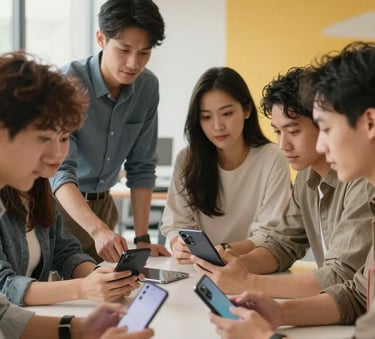 A diverse team of tech professionals in a modern North American office collaborating around a table with high-end mobile devices and tablets, soft natural lighting, cream and yellow accents in the background.