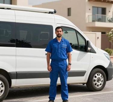 A professional technician in a clean blue uniform standing beside a service van in the modern residential area of Cedre Villas, Dubai, Middle Eastern / Gulf, bright daylight.