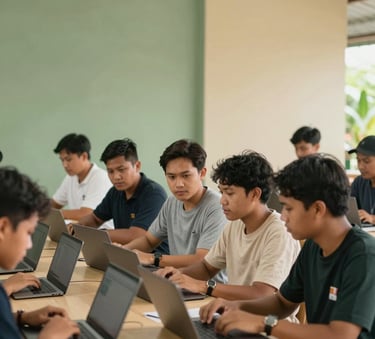 A group of young Southeast Asian / Indonesian people in a modern agricultural training center, looking at laptops and discussing farming strategies, natural light, walls in sage green and tan colors, professional and energetic atmosphere.