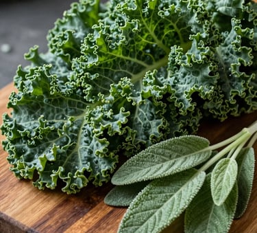A close-up photograph of fresh, vibrant vegetables including kale and herbs on a wooden cutting board. The lighting is professional and crisp, highlighting the Forest Moss and Sage Leaf greens of the produce.