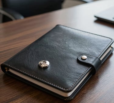 A close-up photograph of a secure, professional leather document pouch with a metallic security seal, resting on a polished dark wood desk in a South American corporate office, lighting is sharp and professional.
