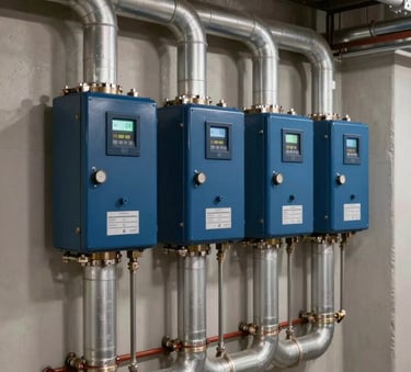 High-quality photograph of a modern indoor furnace and ventilation system in a clean North American / US basement. Metallic Silver Cloud pipes and Deep Sea Blue control panels contrast against professional task lighting.
