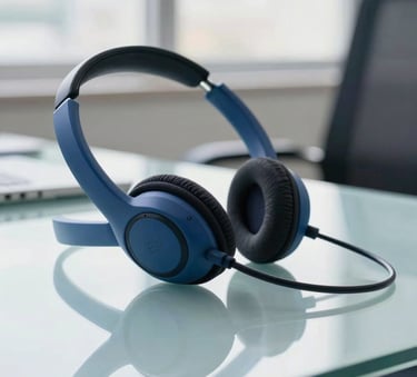 A close-up photograph of a modern telephone headset resting on a sleek glass desk in a bright South American / Brazilian corporate office, with soft sunlight filtering through windows in the background, professional and clean aesthetic, ice blue and dark blue accents.