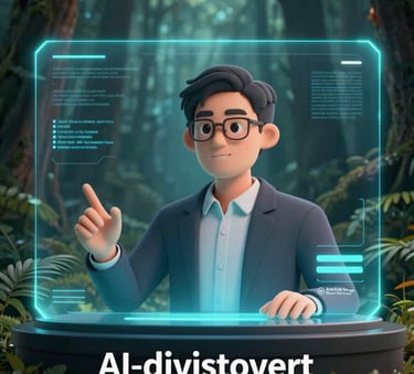 A photorealistic 3D avatar of a digital lecturer appearing as a high-quality hologram in a dark forest teal studio setting, professional lighting, representing AI-driven borderless education.