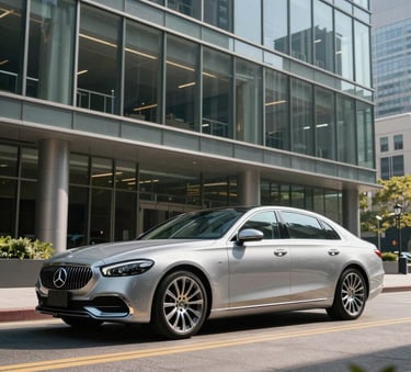 A high-end executive silver sedan parked in front of a contemporary glass office building in a North American business district, bright daylight, sharp focus, professional photography style.