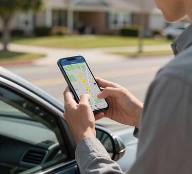A person in professional casual attire standing by a parked car in a bright North American suburban setting, looking at their smartphone screen which displays a modern map interface with yellow markers.