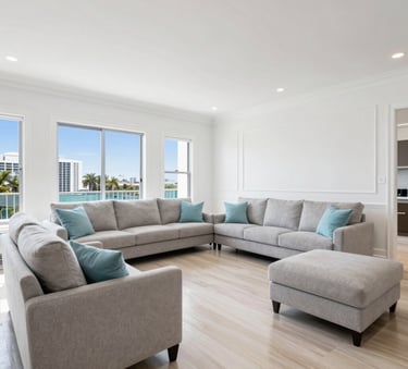 Wide-angle shot of a beautifully restored North American living room in Miami, showing clean lines, bright white walls, and polished floors after professional restoration. High-end real estate photography style with light blue accents.
