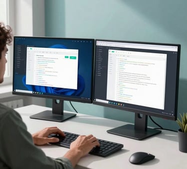 A focused Android developer working at a minimalist workstation with dual monitors showing vibrant application mockups and clean code. The room is a modern, sunlit tech studio in a Global / English-speaking city. The color palette features muted teal and light blue accents.