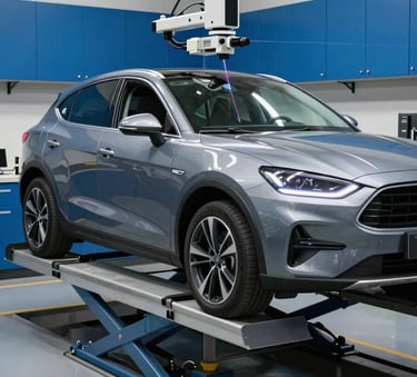 A clean, high-tech automotive diagnostic scene in North America. A modern vehicle is positioned on a frame alignment machine with laser measurement tools casting thin light lines across the car body. The background is a tidy garage with steel blue cabinets.