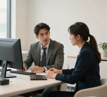A focused professional in a modern North American / US corporate setting, collaborating in a bright room with Pearl Mist walls and Pearl Mist furniture, soft natural lighting.