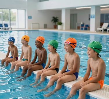 A high-quality, professional photograph of a group of diverse children sitting safely on a pool deck, smiling and laughing in a bright, modern Central European aquatic center. The water is a clear deep navy blue, and the kids wear orange and green swimming caps.