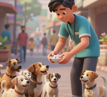 A high-quality 3D render of a compassionate volunteer feeding a group of happy street dogs in a stylized, clean Varanasi street setting. The scene features soft, warm lighting and incorporates shades of #4F6C5B and #9BB4A6 for the environment, emphasizing hope and empathy.