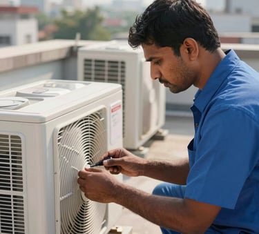 A close-up photograph of a professional South Asian technician in a blue uniform inspecting an outdoor air conditioning unit on a Bangalore rooftop during the day, sunny natural lighting, sharp focus.