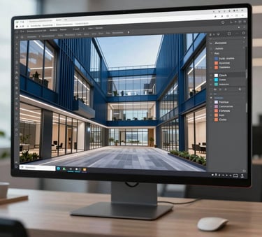 A sophisticated architectural space design rendering on a wide screen, featuring modern office aesthetics with sleek glass and dark blue metal accents (#1F3F6B), professional lighting, Autodesk software interface visible, following the corporate mood.