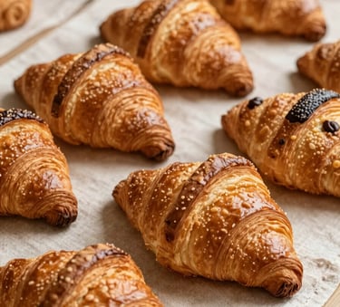 A close-up photograph of golden, flaky croissants and pains au chocolat arranged on a pale cream linen cloth, soft morning light in a French bakery setting, warm brown tones.