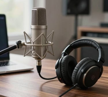 A close-up of a high-end condenser microphone and premium headphones on a sleek walnut desk in a modern North American home studio, soft morning light, professional setup.
