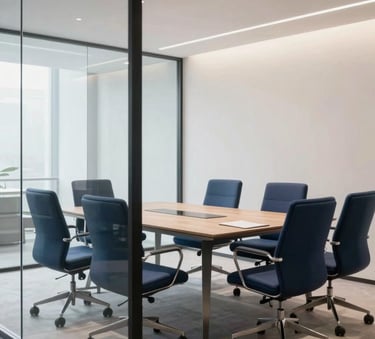 A high-end, bright office meeting room with glass walls, navy blue designer chairs, and soft white walls, representing professional success.