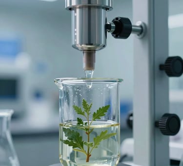 A close-up, high-definition photo of a scientific lab extraction process with modern glass equipment and botanical liquids. Sophisticated lighting, clean professional aesthetic, incorporating #1C2A2D and #9FBDBA tones.