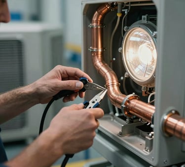 A close-up of a professional technician's hands using technical tools to repair a complex copper duct system of an HVAC unit, industrial lighting, clean and professional North American / US / Miami setting, soft blue and silver palette.